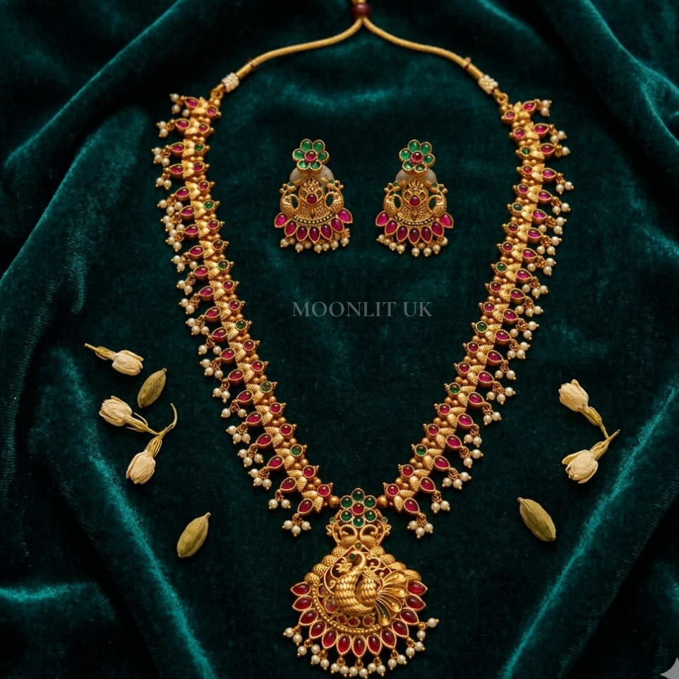 Traditional Antique Gold Peacock Temple Haram with Ear ring MLC-5006