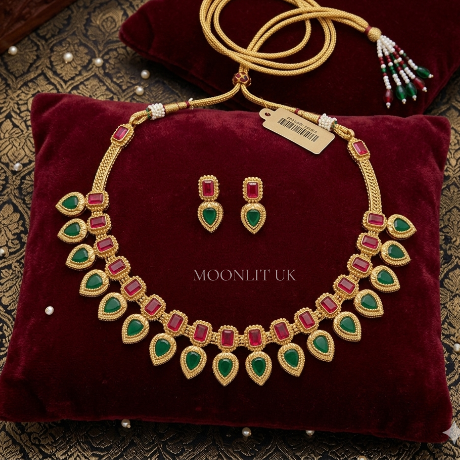 Traditional ruby-red glass stone Necklace Set -MN-4013