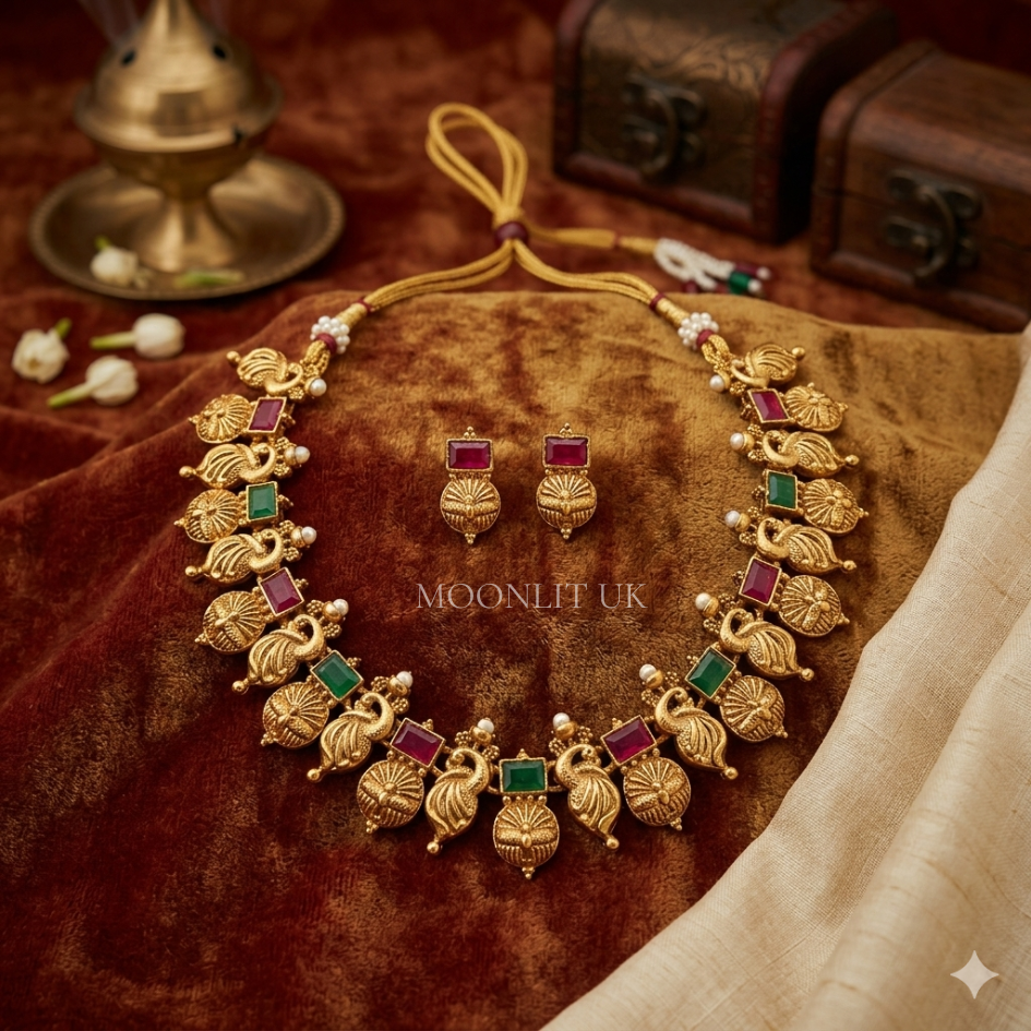 Traditional Antique Matte Gold Annapakshi Kemp Necklace MN-4022