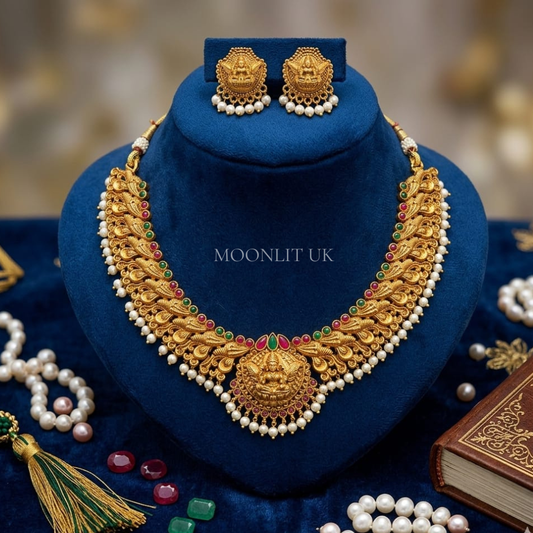 Antique-Finish Temple Choker with Pearl Droplets -MN-4010