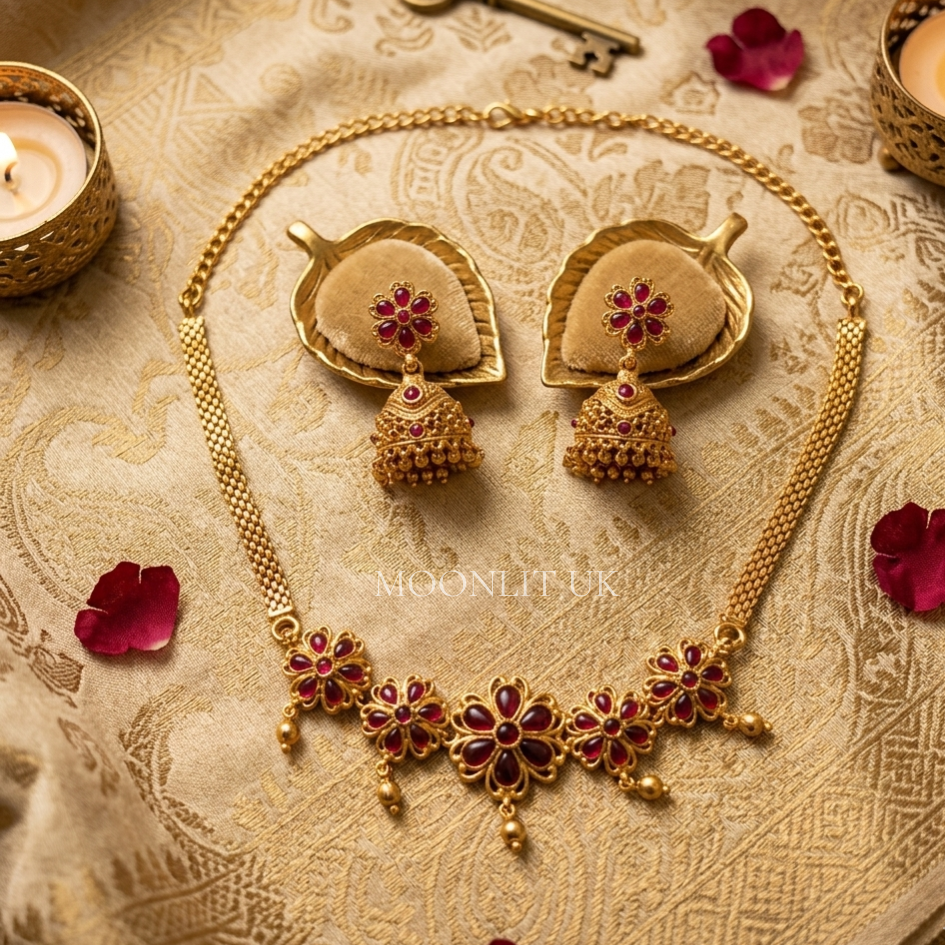 Gulabi Floral Matte Gold Necklace & Jhumka Set MN-4035