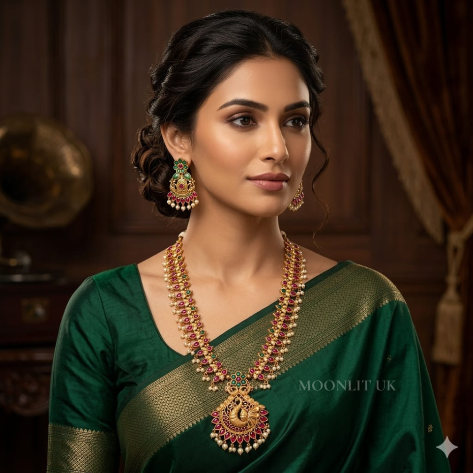 Traditional Antique Gold Peacock Temple Haram with Ear ring MLC-5006