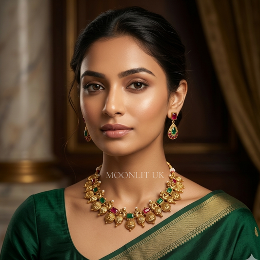 Traditional Antique Matte Gold Annapakshi Kemp Necklace MN-4022