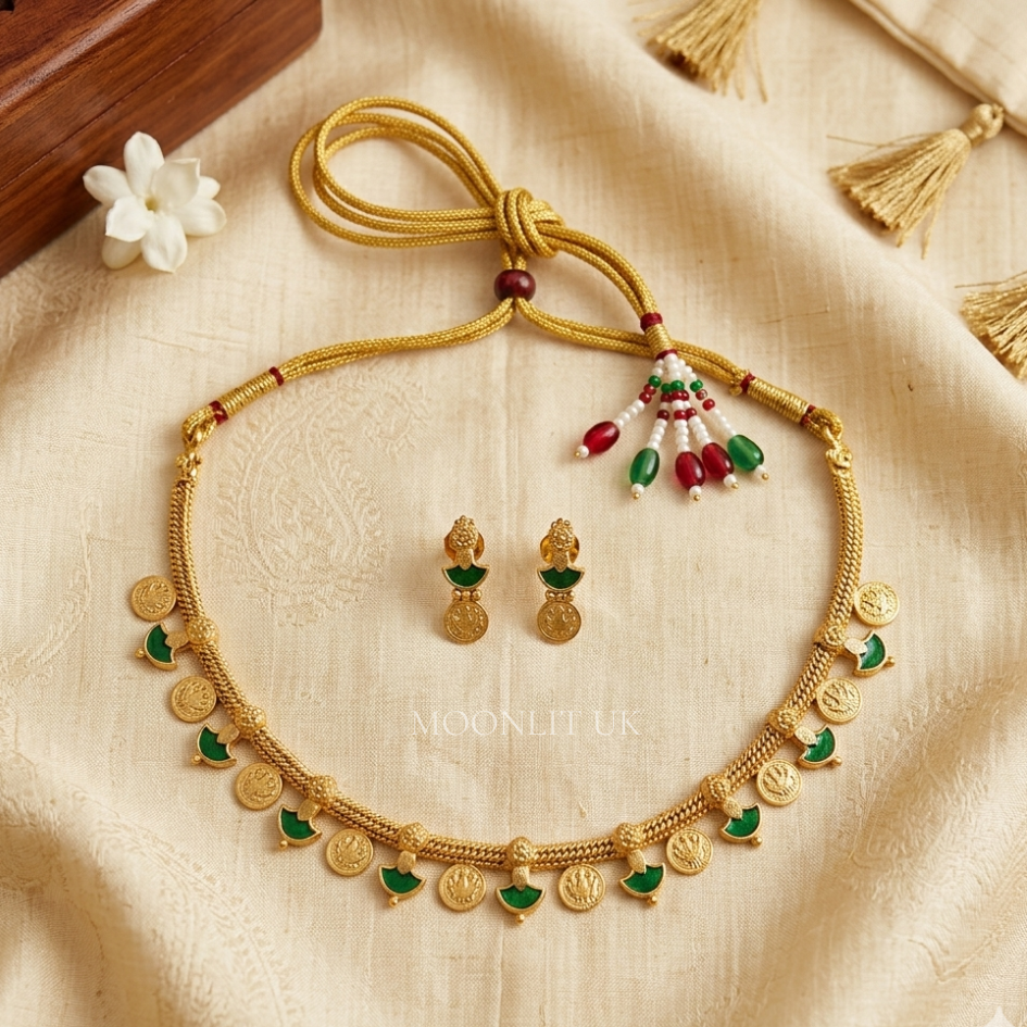Jasmine Bud & Lakshmi Coin Necklace in Matte Gold red&green MN-4017