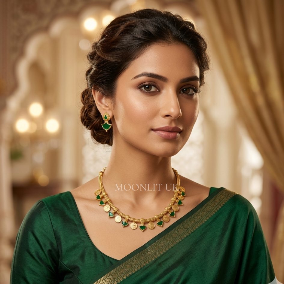 Jasmine Bud & Lakshmi Coin Necklace in Matte Gold red&green MN-4017