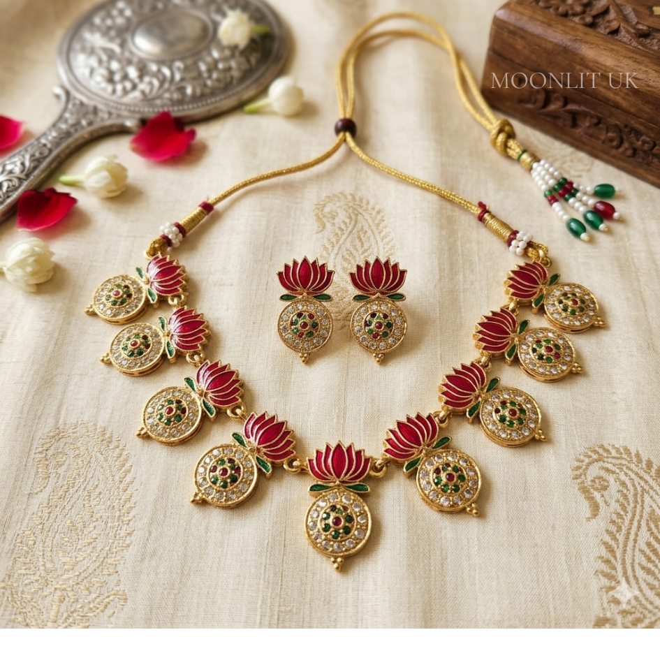 Vibrant Enamel Lotus Necklace with Cluster Bead Droplets MN-4021