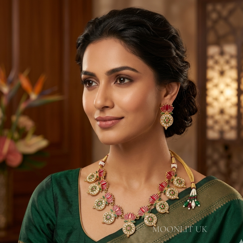 Vibrant Enamel Lotus Necklace with Cluster Bead Droplets MN-4021