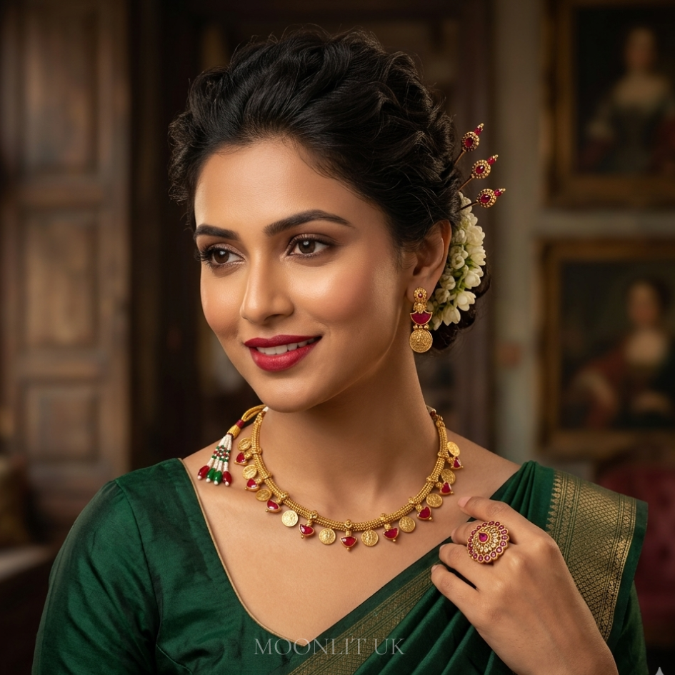 Jasmine Bud & Lakshmi Coin Necklace in Matte Gold red&green MN-4017