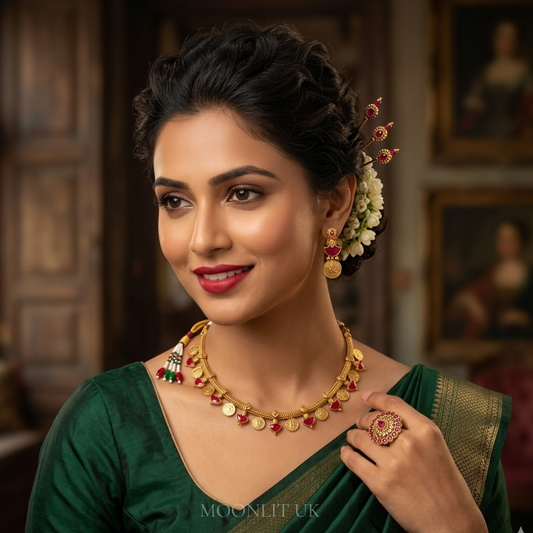 Jasmine Bud & Lakshmi Coin Necklace in Matte Gold red&green MN-4017