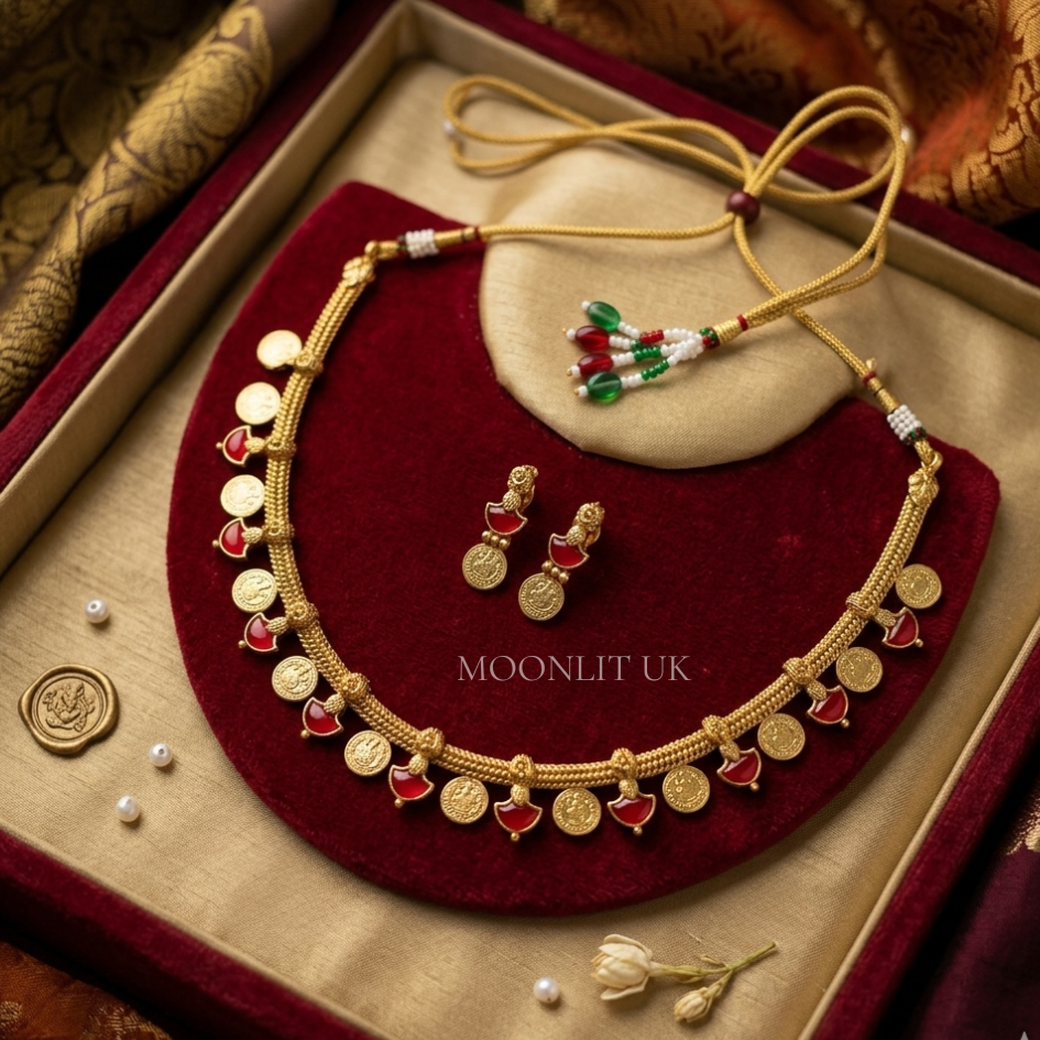 Jasmine Bud & Lakshmi Coin Necklace in Matte Gold red&green MN-4017